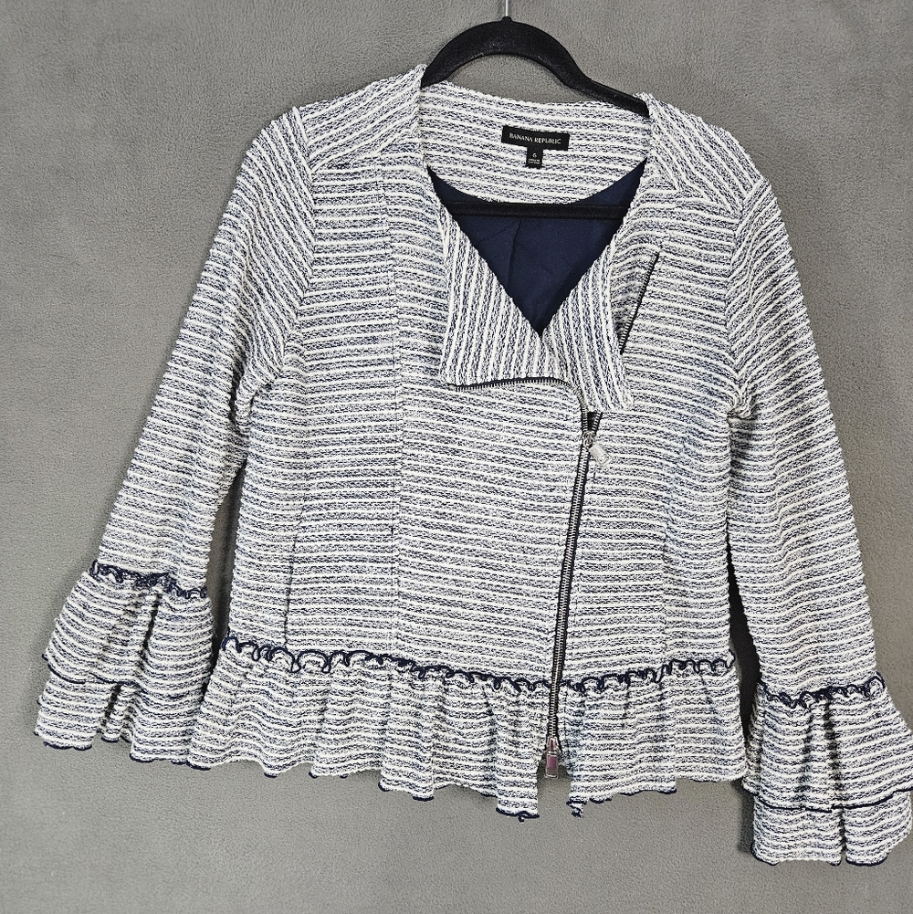 Banana Republic Blue Tweed Boucle Ruffle Peplum Jacket Blazer Full Zip Size 6